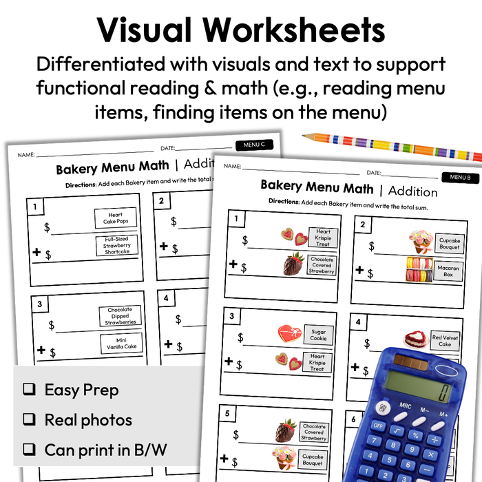 Menu Math Worksheets | Valentine's Bakery | Addition