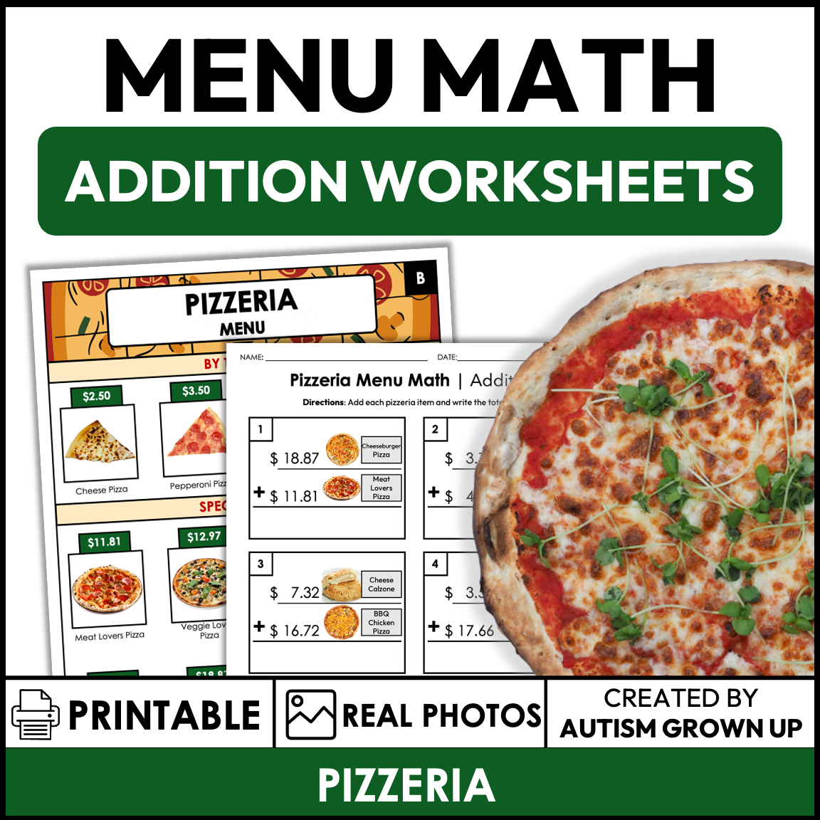 Menu Math Worksheets Pizzeria Addition — Autism Grown Up