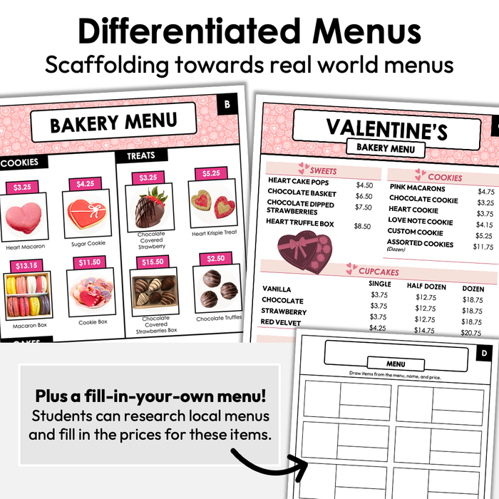 Menu Math Worksheets | Valentine's Bakery | Addition