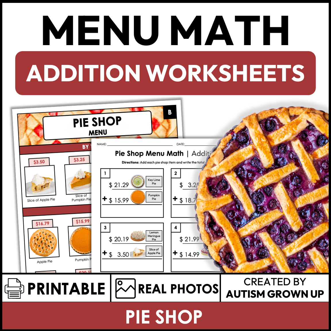 Menu Math Worksheets | Pie Shop | Addition — Autism Grown Up