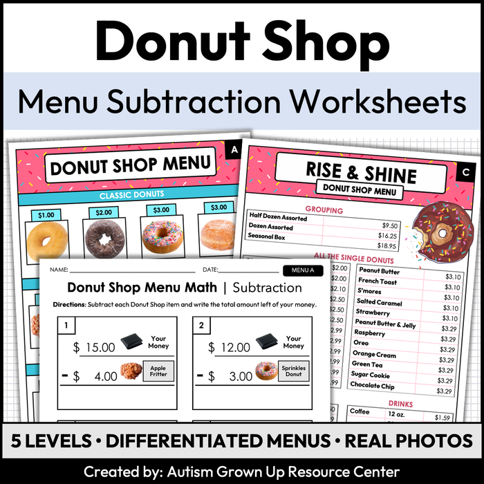 Menu Math Worksheets | Donut Shop | Subtraction
