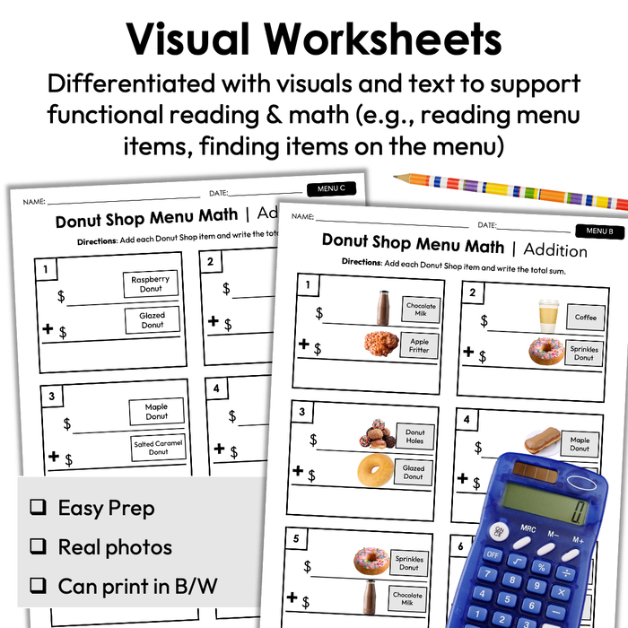 Menu Math Worksheets | Donut Shop | Addition