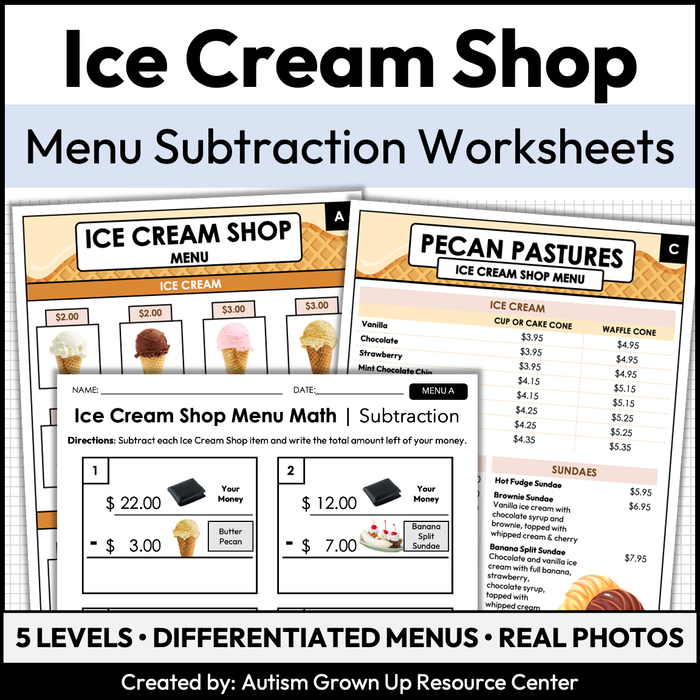 Menu Math Worksheets | Ice Cream Shop | Subtraction