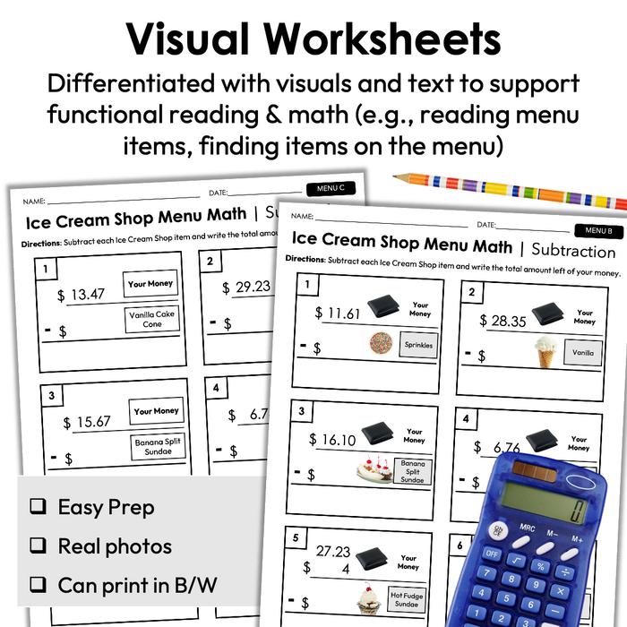 Menu Math Worksheets | Ice Cream Shop | Subtraction