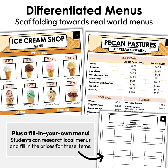 Menu Math Worksheets | Ice Cream Shop | Subtraction