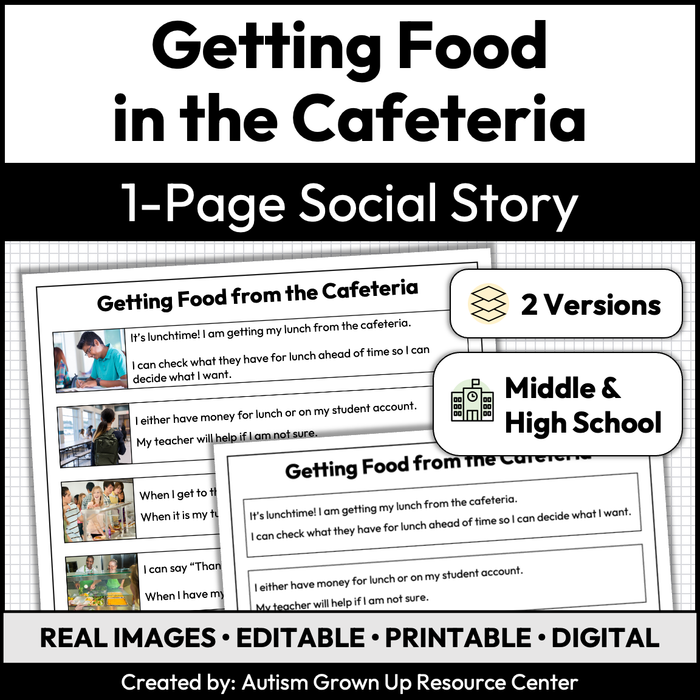 Getting Food in the Cafeteria | 1-Page Social Story | Middle and High School