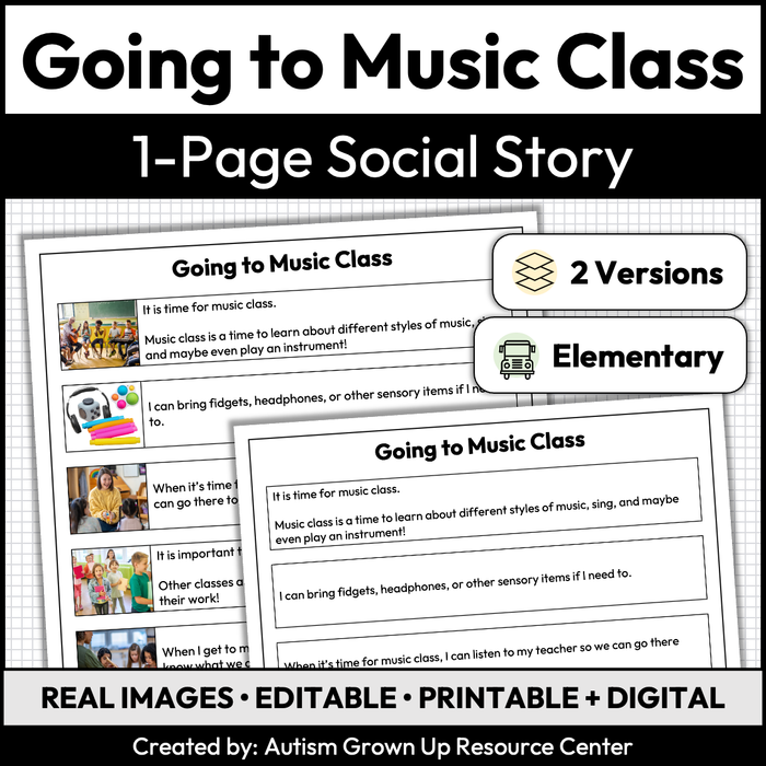 Going to Music Class | 1-Page Social Story | Elementary