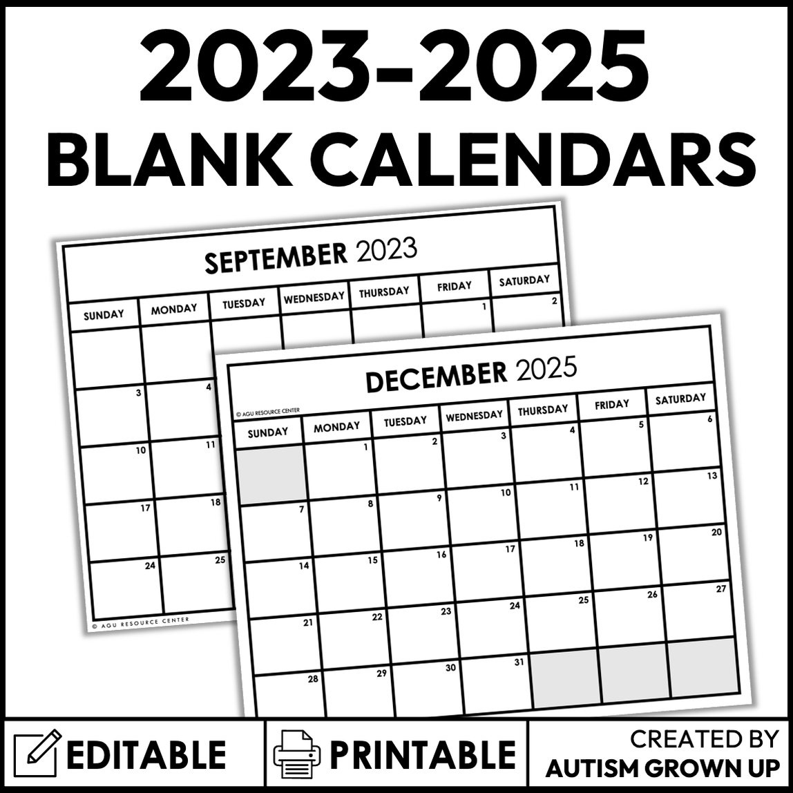 20242025 Monthly Calendars Print + Editable — Autism Grown Up