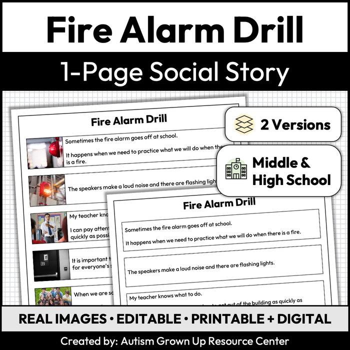 Fire Drill | One-Page Social Story | Middle and High School