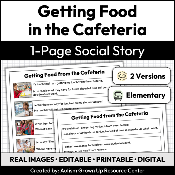 Getting Food in the Cafeteria | One-Page Social Story | Elementary