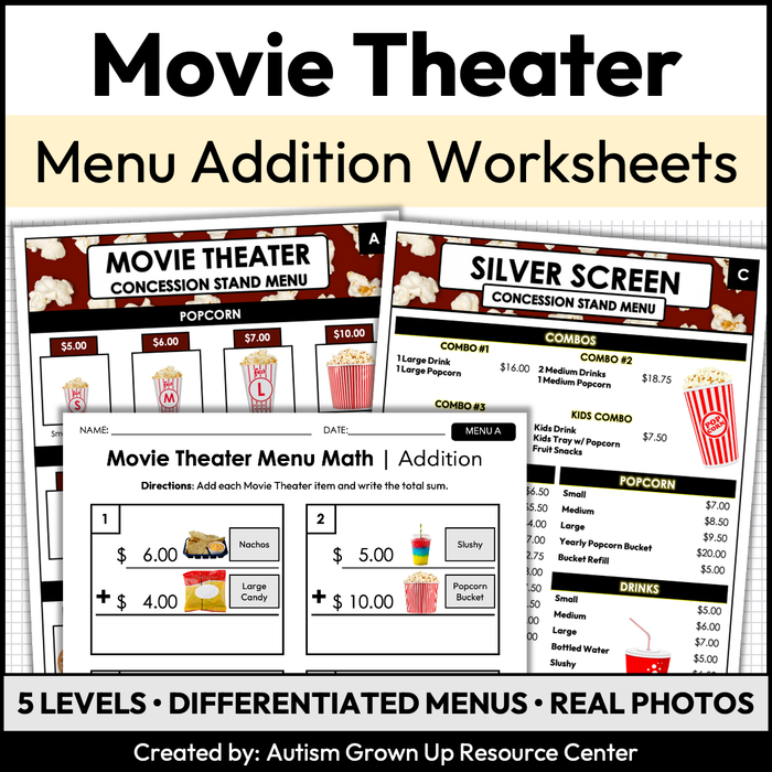 Menu Math Worksheets | Movie Theater Concession Stand | Addition