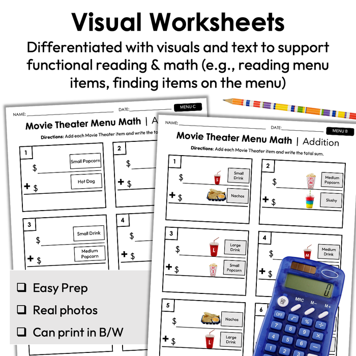 Menu Math Worksheets | Movie Theater Concession Stand | Addition