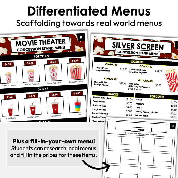 Menu Math Worksheets | Movie Theater Concession Stand | Addition