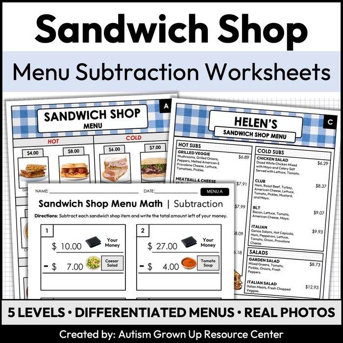 Menu Math Worksheets | Sandwich Shop | Subtraction