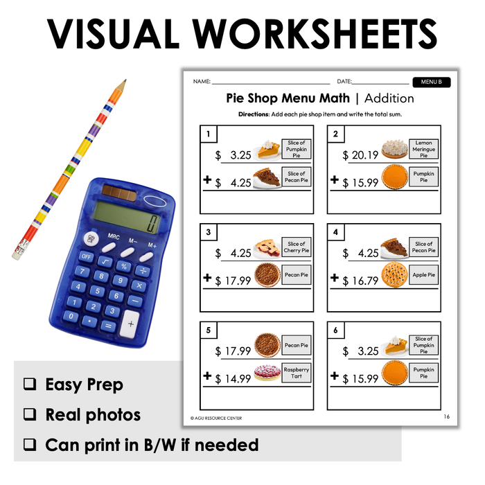 Menu Math Worksheets | Pie Shop | Addition — Autism Grown Up