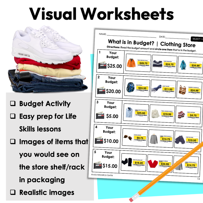 Clothing Store Budget | Life Skills Worksheets for Special Education