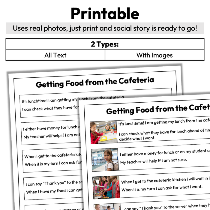 Getting Food in the Cafeteria | One-Page Social Story | Elementary