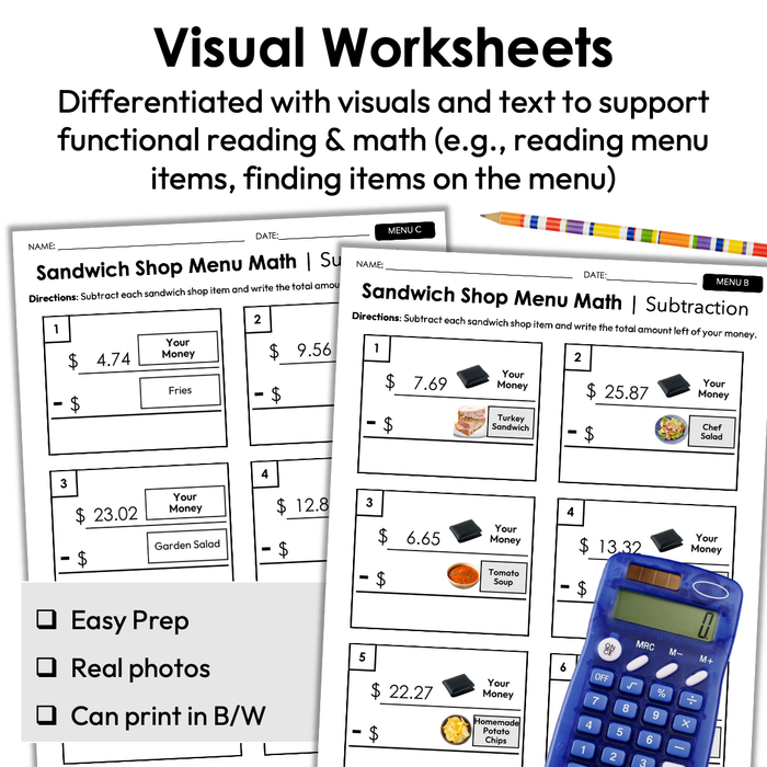 Menu Math Worksheets | Sandwich Shop | Subtraction