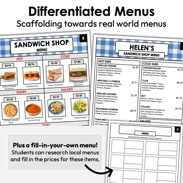 Menu Math Worksheets | Sandwich Shop | Subtraction