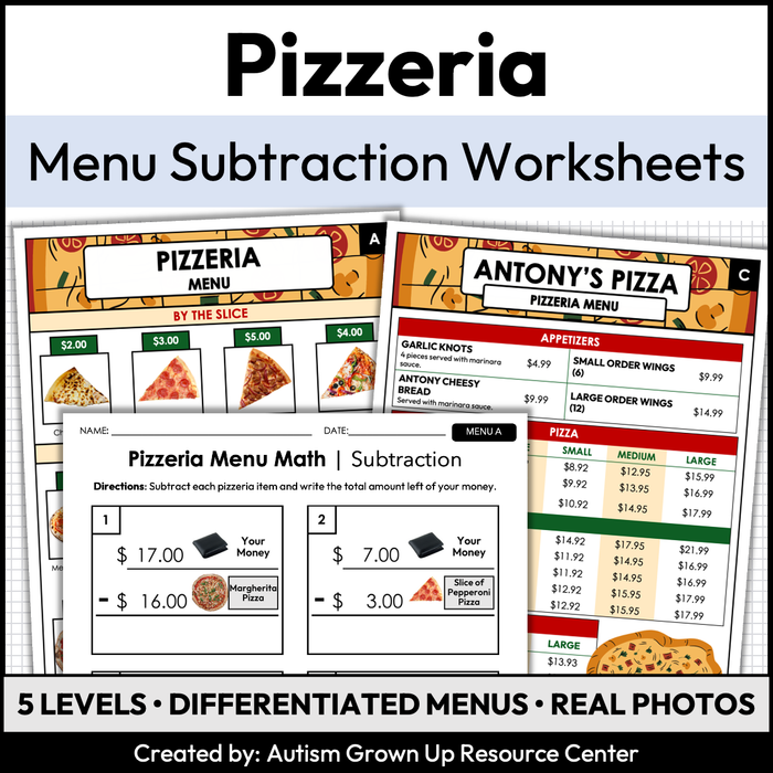 Menu Math Worksheets | Pizzeria | Subtraction