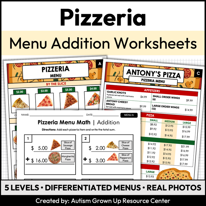 Menu Math Worksheets | Pizzeria | Addition