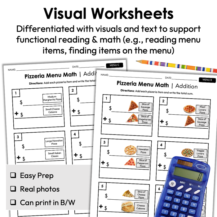 Menu Math Worksheets | Pizzeria | Addition