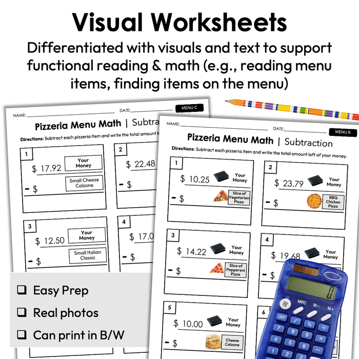 Menu Math Worksheets | Pizzeria | Subtraction