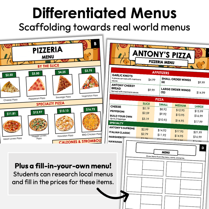 Menu Math Worksheets | Pizzeria | Addition