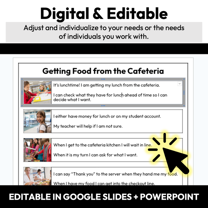 Getting Food in the Cafeteria | One-Page Social Story | Elementary