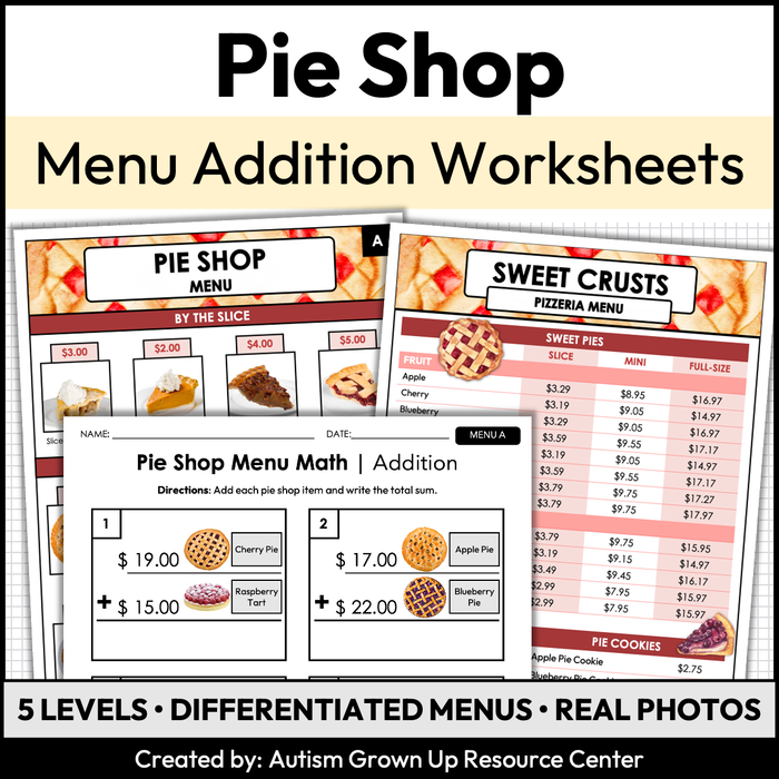 Menu Math Worksheets | Pie Shop | Addition