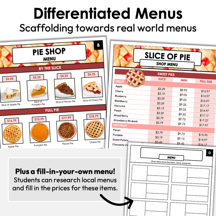 Menu Math Worksheets | Pie Shop | Addition