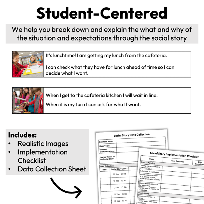 Getting Food in the Cafeteria | One-Page Social Story | Elementary