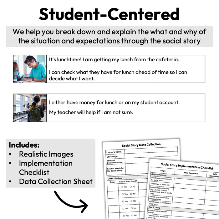 Getting Food in the Cafeteria | 1-Page Social Story | Middle and High School