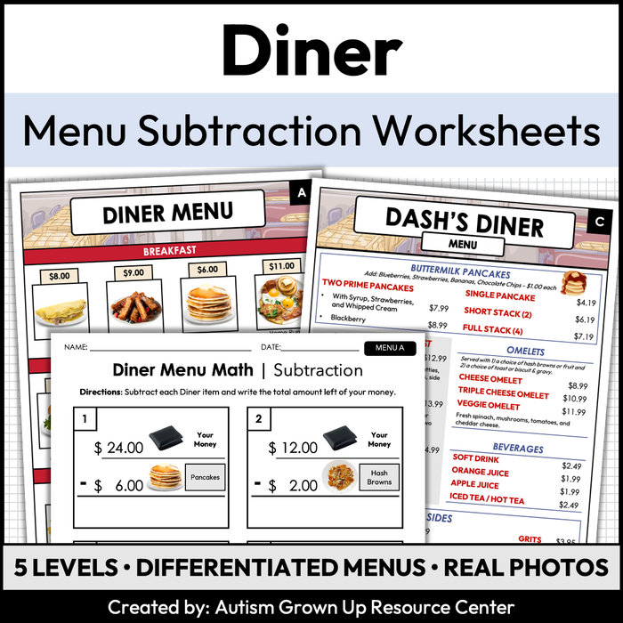 Menu Math Worksheets | Diner | Subtraction