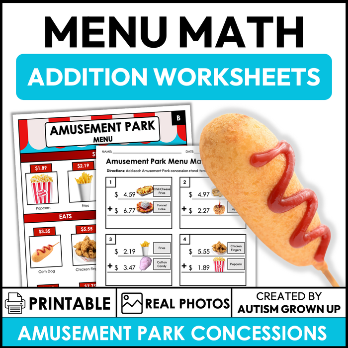 Menu Math Worksheets | Amusement Park Concession Stand | Addition ...