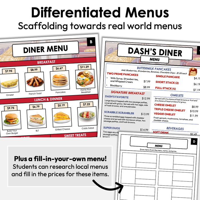 Menu Math Worksheets | Diner | Subtraction