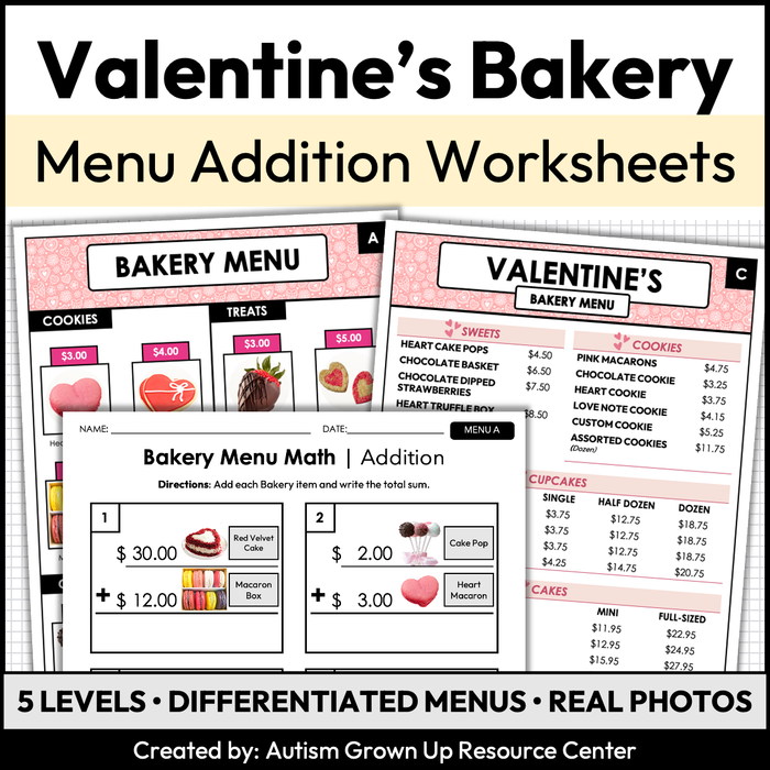 Menu Math Worksheets | Valentine's Bakery | Addition