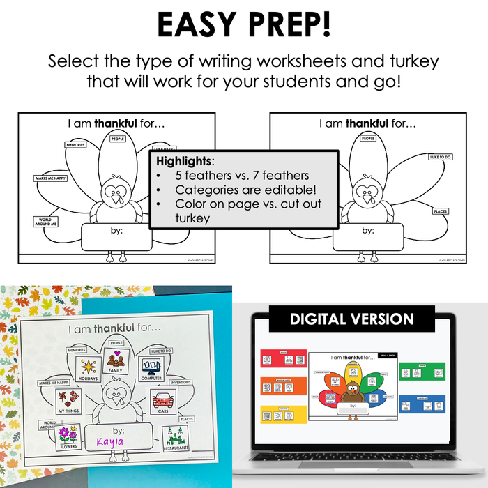 Thankful Turkey Craft | Differentiated Writing Levels | Digital + Printable